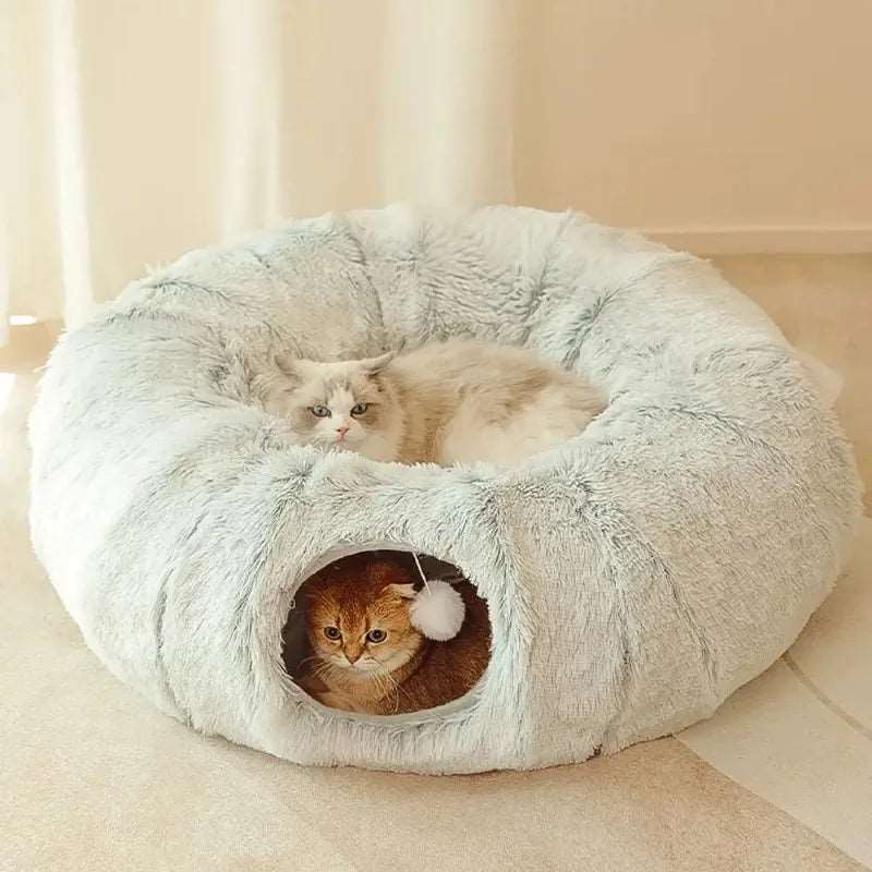 Plush Cat Bed with Tunnel – Multifunctional Fluffy Donut Design with Peephole for Indoor Cats