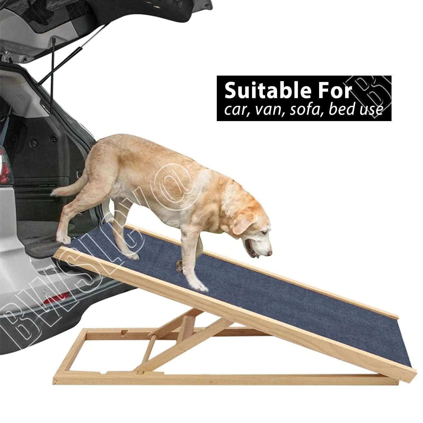 Adjustable Wooden Pet Ramp – 4-Height Car Dog Ladder with Non-Slip Carpet for Safety