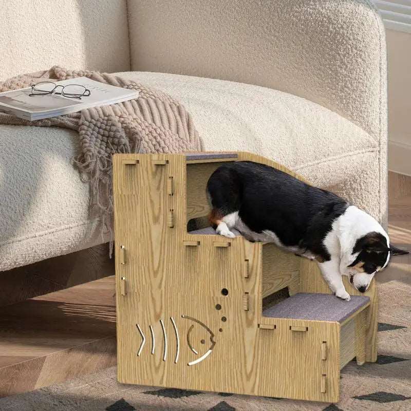 3-Step Wooden Dog Stairs – Non-Slip Pet Ladder for High Beds and Sofas