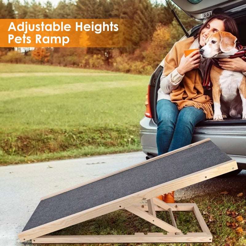 Adjustable Wooden Pet Ramp – 4-Height Car Dog Ladder with Non-Slip Carpet for Safety