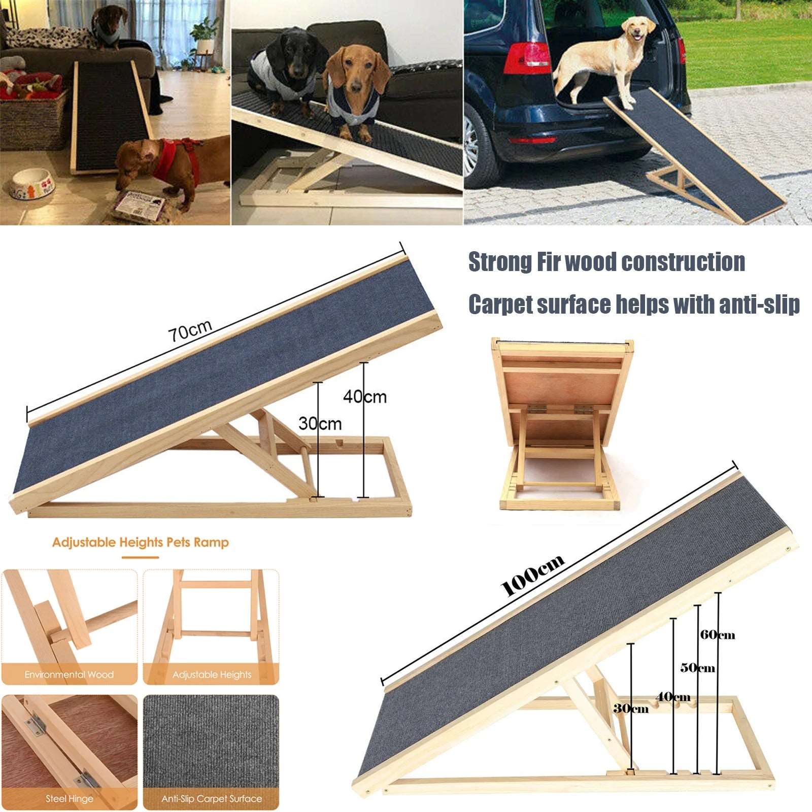 Adjustable Wooden Pet Ramp – 4-Height Car Dog Ladder with Non-Slip Carpet for Safety