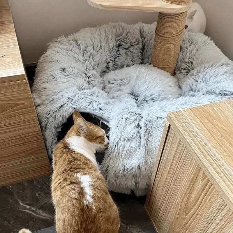 Plush Cat Bed with Tunnel – Multifunctional Fluffy Donut Design with Peephole for Indoor Cats
