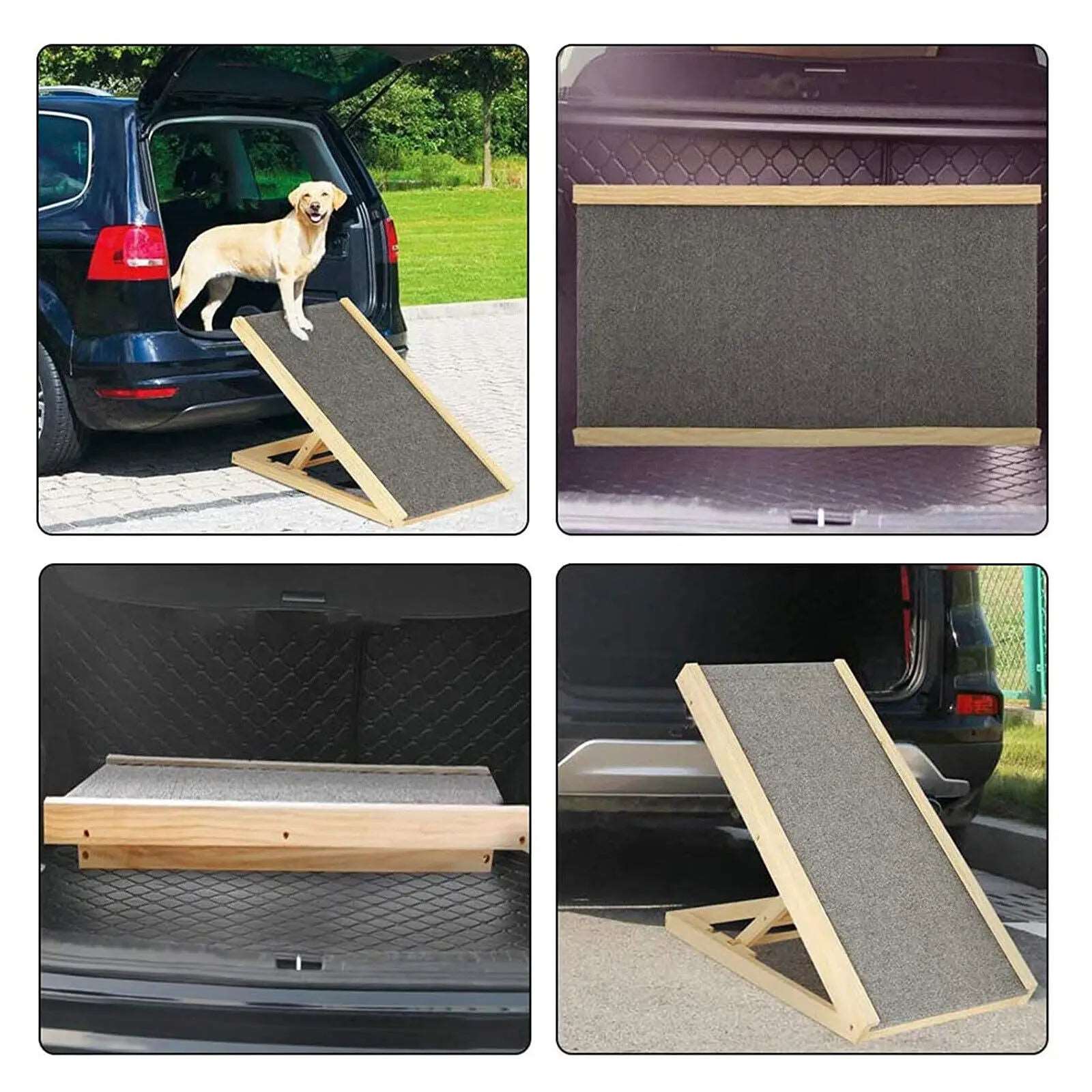 Adjustable Wooden Pet Ramp – 4-Height Car Dog Ladder with Non-Slip Carpet for Safety