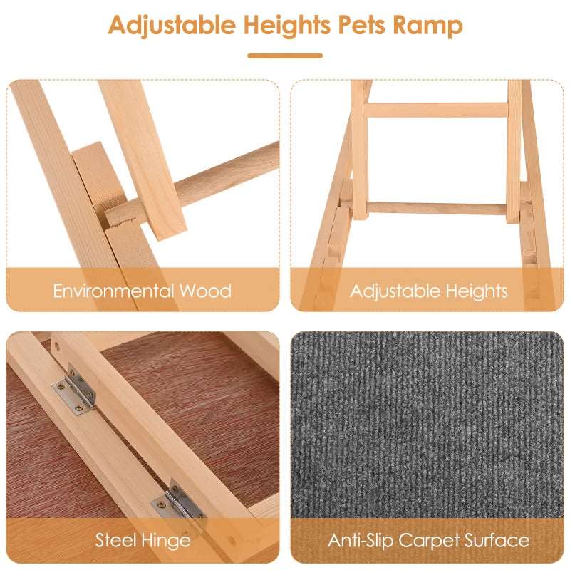 Adjustable Wooden Pet Ramp – 4-Height Car Dog Ladder with Non-Slip Carpet for Safety