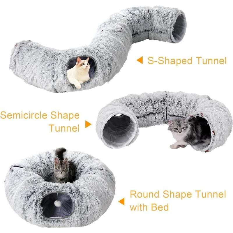 Plush Cat Bed with Tunnel – Multifunctional Fluffy Donut Design with Peephole for Indoor Cats